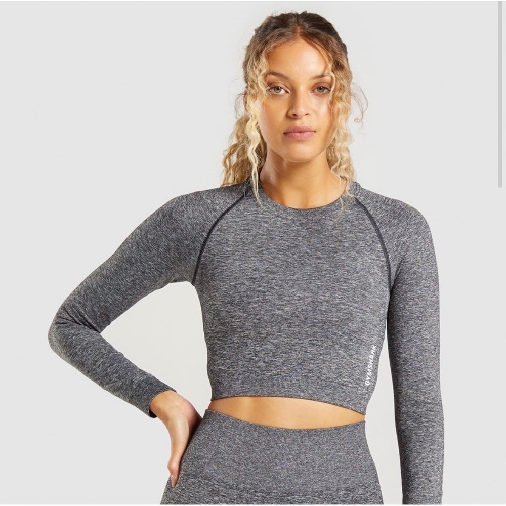 Gymshark Adapt Marl Seamless Long Sleeve Crop Top Gray Black XS Activewear Gym